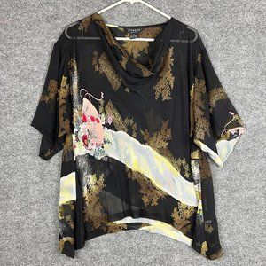 Citron Santa Monica Women's Cowl Neck Silk Blouse Japanes Asian Floral Look